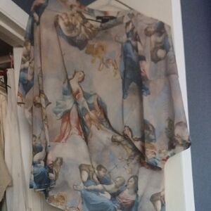 Forever 21 Renaissance Print Sheer Blouse in Soft Blue and Cream with Muted Pink
